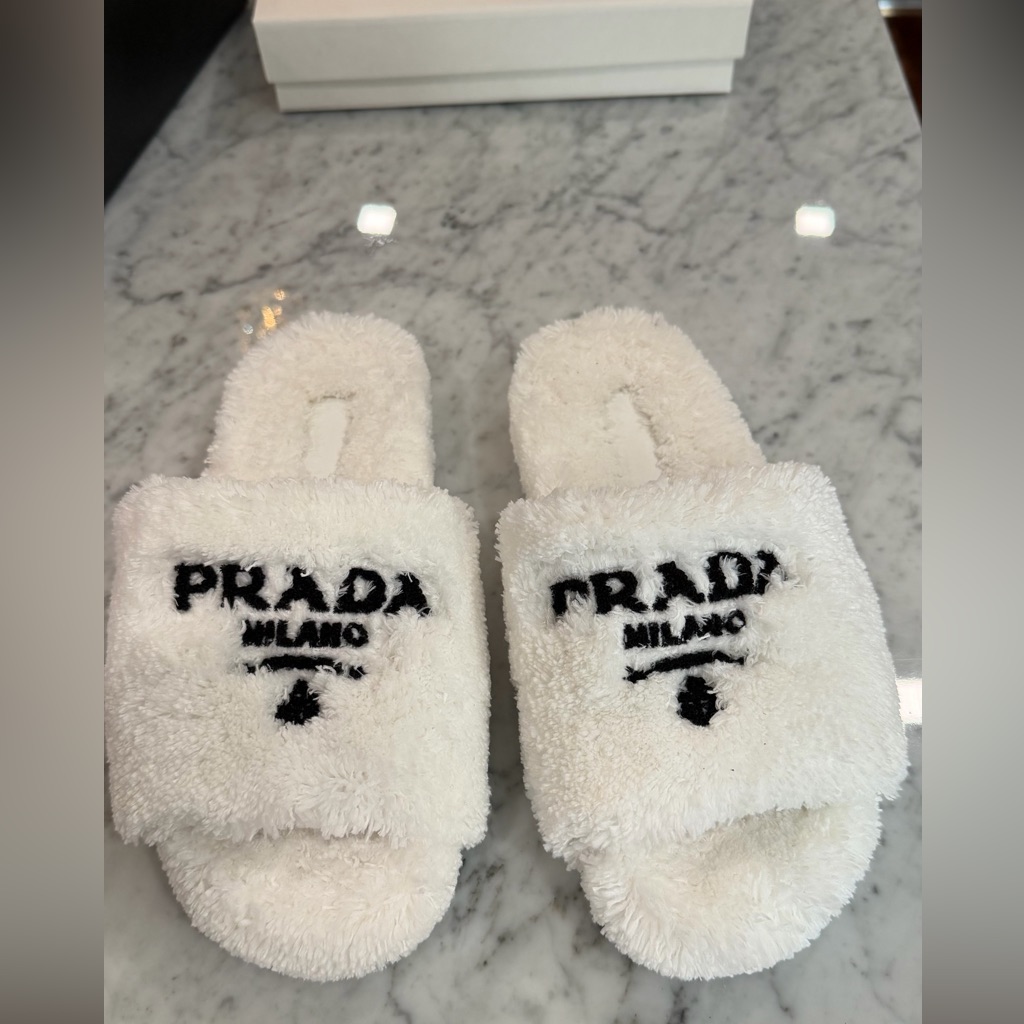 Prada White Fuzzy Slippers